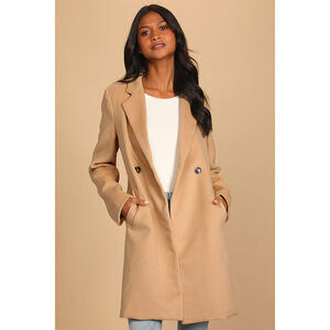 Lulus Harriet Long Double-breasted Tan Coat Brown - Size M